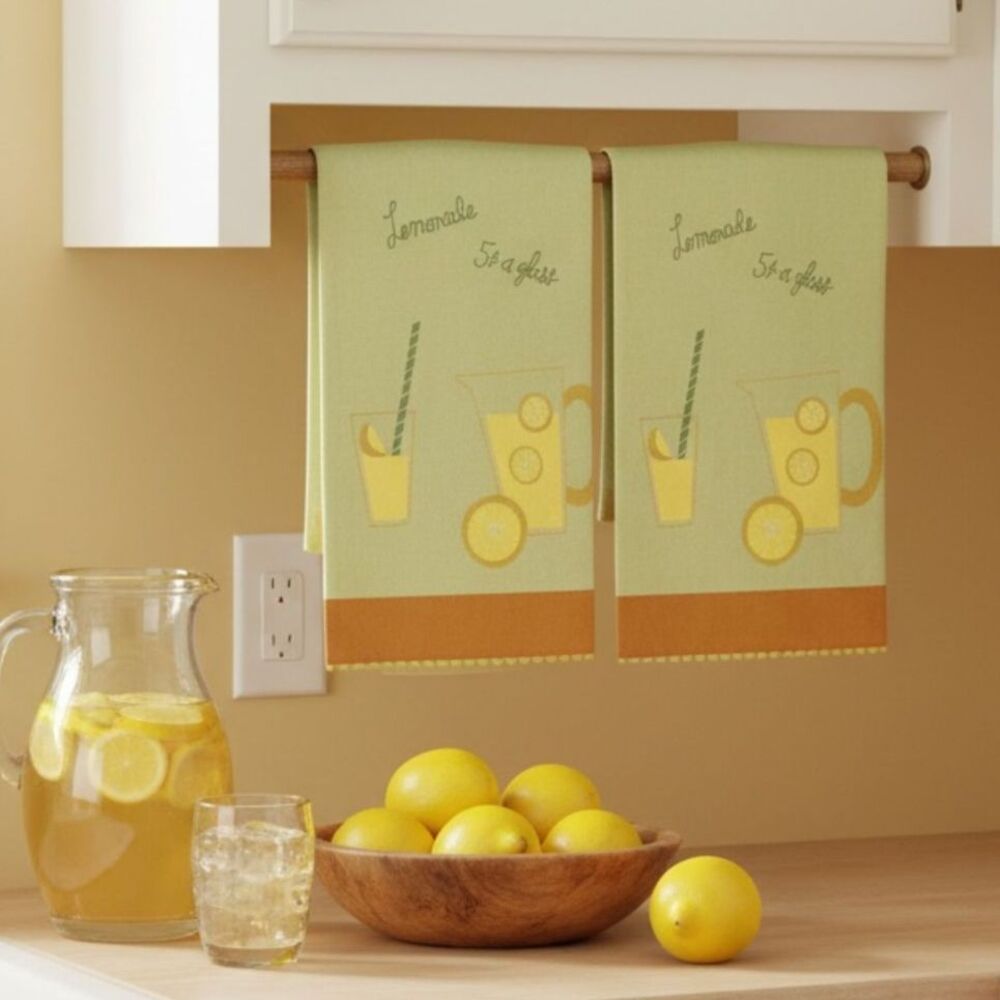 Kitchen Dish Towels Set Of 2 Lemonade 5c A Glass By tag 100% Cotton Summer Lemon